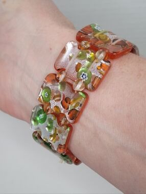 Unique Beaded Vintage Bracelet Orange Silver Green Stretch Bracelet